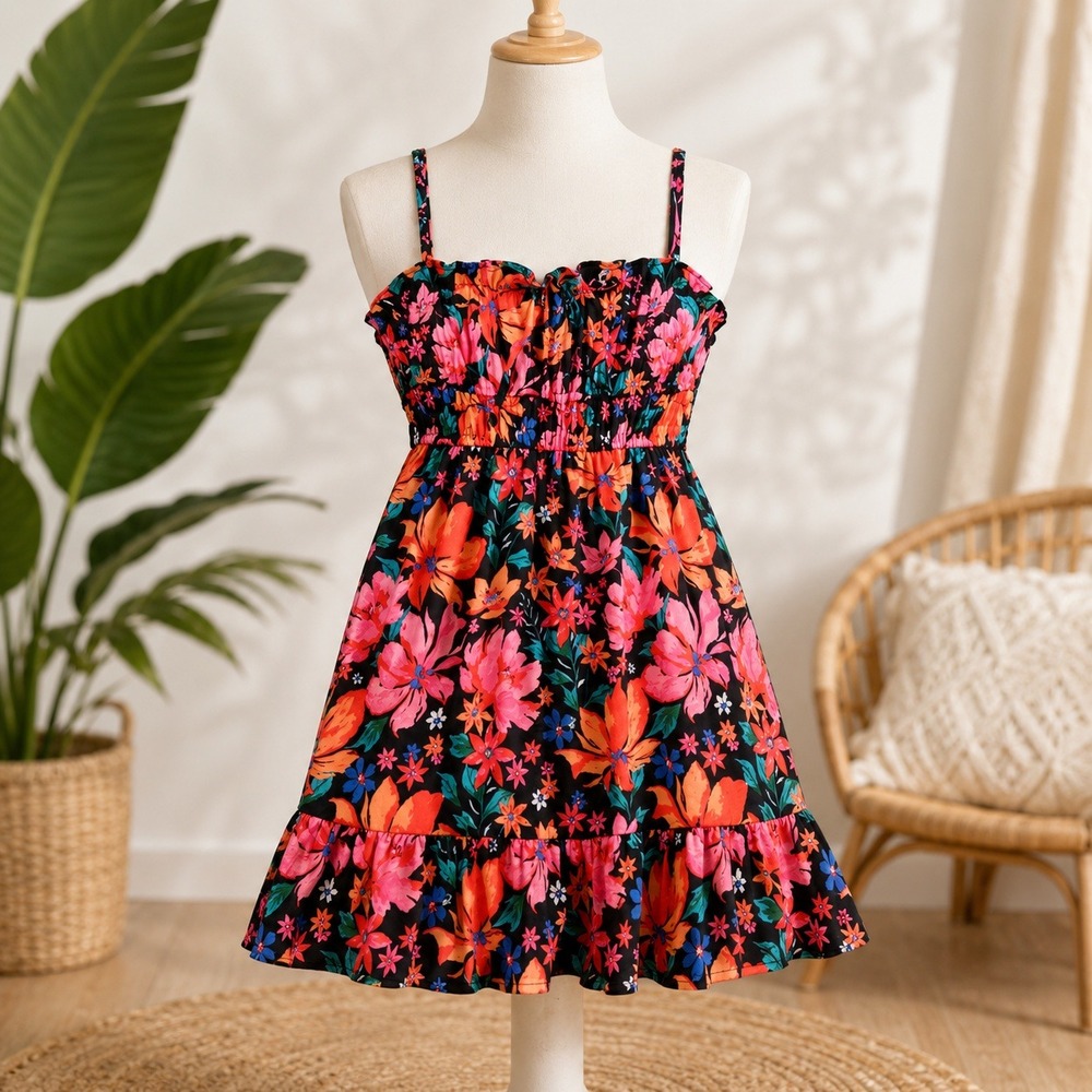 NWT Cupshe Floral Mini Dress Womens Small Black Pink Tropical Smocked Ruffle
